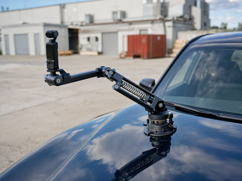 Braccio articolato ammortizzato con camera montato sulla carrozzeria di un’auto